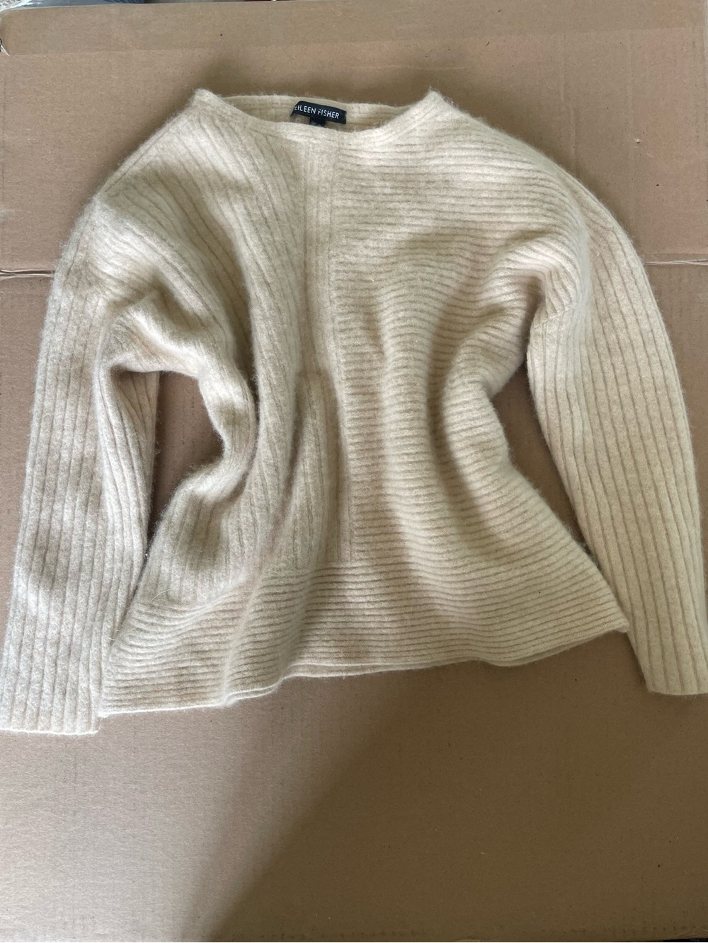 Eileen Fisher Cream Ribbed Cozy Wool Blend Sweater Cashmere Angora